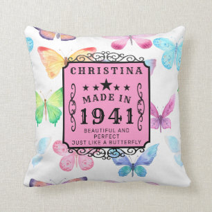 Coussin 80th Birthday Born 1941 Butterfly Ajouter votre no