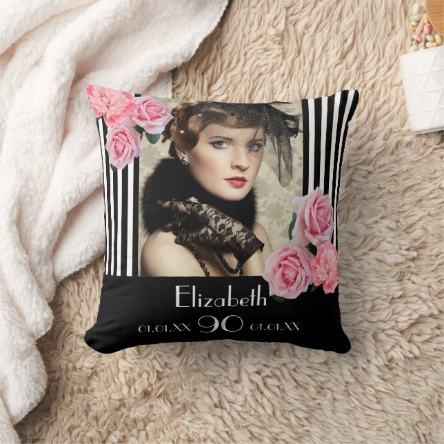 Coussin 90e anniversaire noir blanc rayures fleurs photo (Couverture)