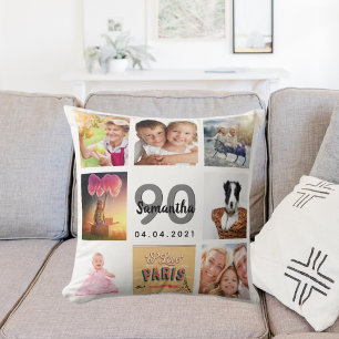 Coussin 90e anniversaire sur mesure photo collage femme bl