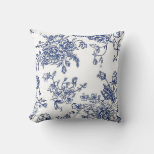Coussin à accent floral vintage bleu et blanc