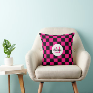 Coussin à damiers carré chaud rose noir rétro Monogramme