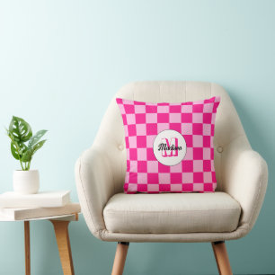 Coussin à damiers carré rétro rose chaud clair Monogramme