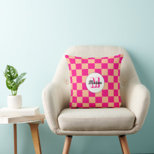 Coussin à damiers carré rose chaud pêche rétro Monogramme