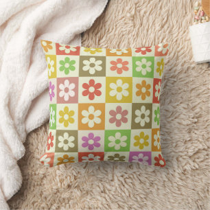 Coussin à damiers Fleurs colorées rétro Motif