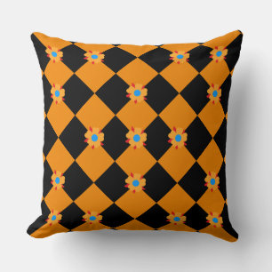 Coussin à damiers fleurs orange et noir