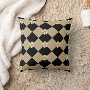 Coussin à damiers fleurs sépia et noir