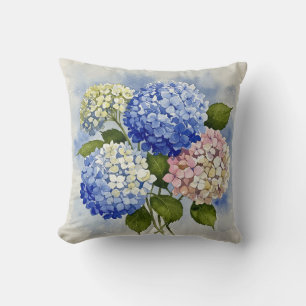 Coussin à fleurs bleu rose blanc Hydrangea