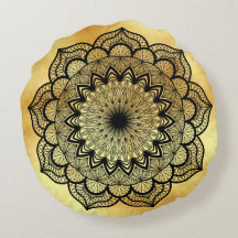 Coussin à Mandala Noir sur Fond Doré Doux