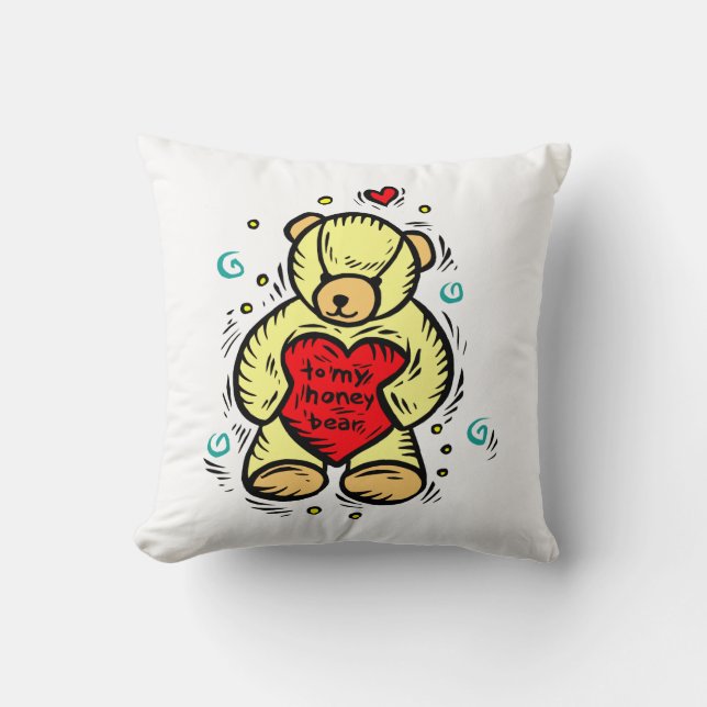 Coussin à mon ours de miel tenant le coeur rouge d'amour (Recto)