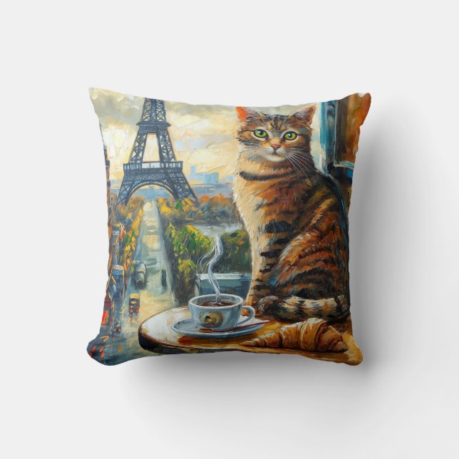 Coussin A Morning in Paris | Tabby Cat at a Cafe (Recto)