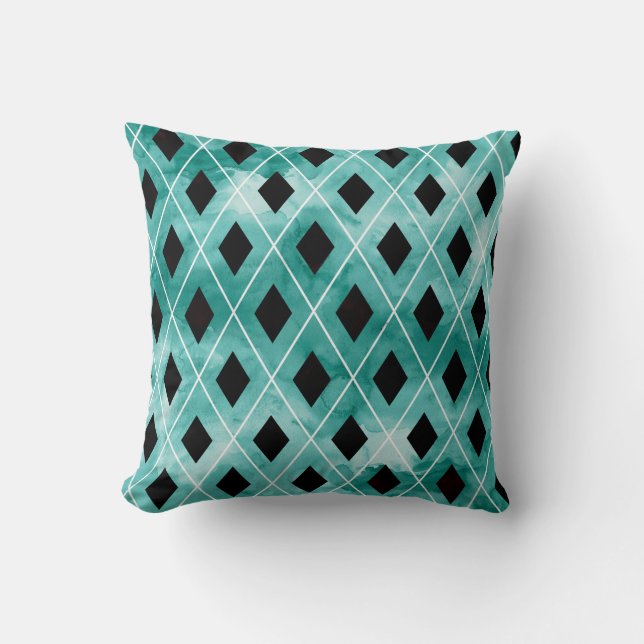 Coussin à motifs de losanges d'aquarelle turquoise (Recto)