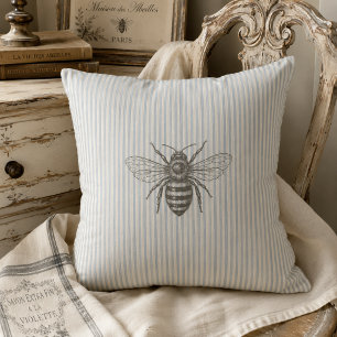 Coussin Abeille de campagne française bleue   Rayure vinta