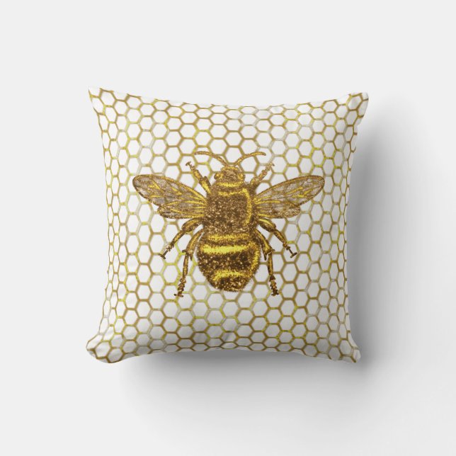 Coussin Abeille étincelante or Hexagone Rucher (Recto)