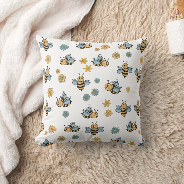 Coussin Abeilles de miel mignonnes et Fleurs sauvages flor (Couverture)
