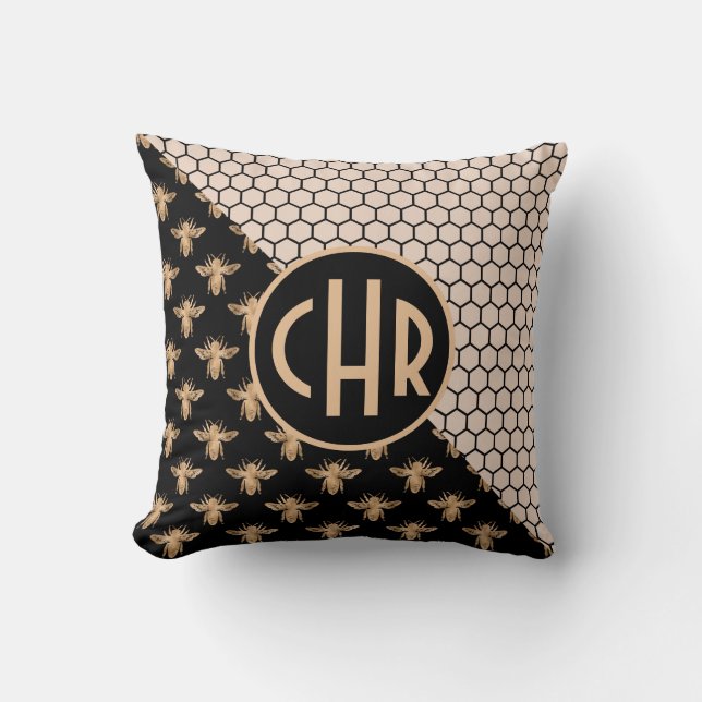 Coussin Abeilles noires et d'or et monogramme d'abeille ro (Recto)