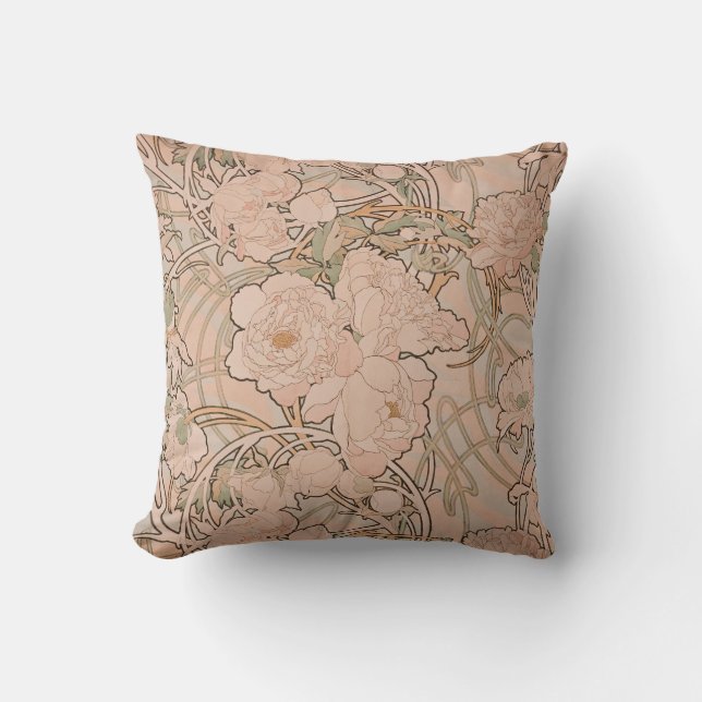 Coussin Abricot de pivoines de Mucha (Recto)