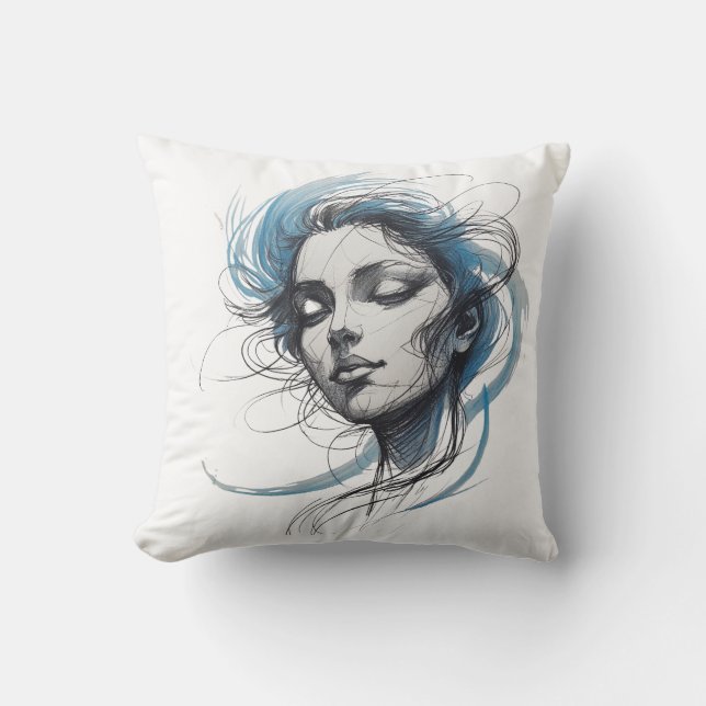 Coussin Abstract Wind Flowing Face – Blue Line Art Pillow (Recto)