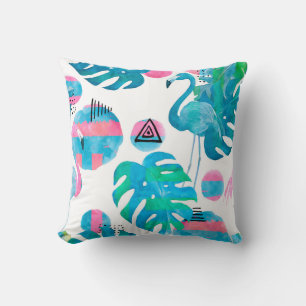 Coussin Abstrait avec aquarelle flamingo et eleme aléatoir