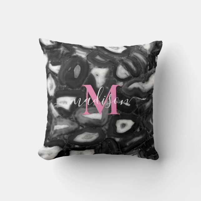 Coussin Abstrait Black White agates script de code monogra (Recto)