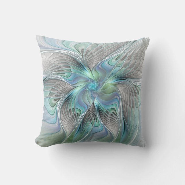 Coussin Abstrait Bleu Vert Papillon Imaginaire Fractal Art (Recto)