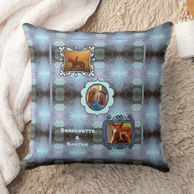 Coussin Abstrait Blue 3 Photo Horse Pet Collage et nom (Couverture)