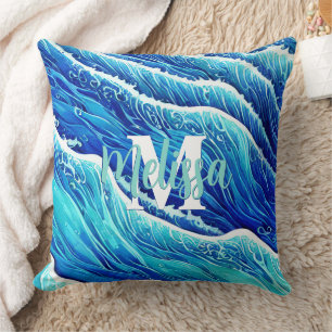 Coussin Abstrait Blue Ocean Waves Monogramme