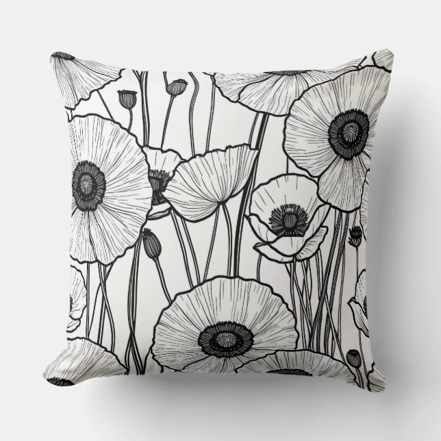 Coussin Abstrait de pavot noir et blanc (Recto)