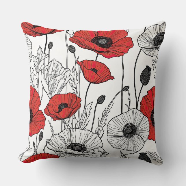 Coussin Abstrait de pavot noir, rouge et blanc (Recto)