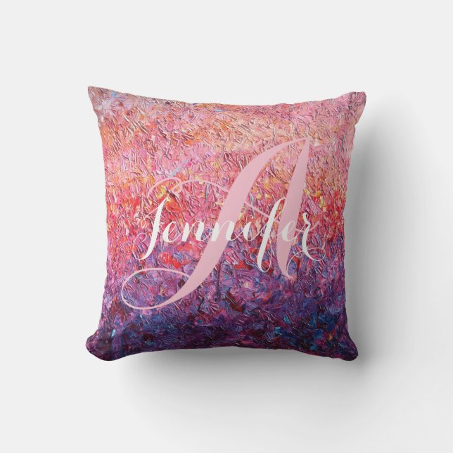 Coussin Abstrait rose violet nom monogrammé (Recto)