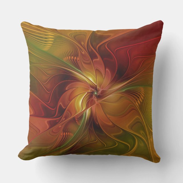 Coussin Abstrait Rouge Orange Brown Vert Fractal Art Flowe (Recto)