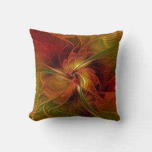 Coussin Abstrait Rouge Orange Brown Vert Fractal Art Flowe