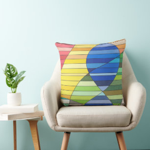 Coussin Abstrait tripé avec des formes jaune et bleue