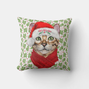 Coussin Abyssinian Chat Ho Ho Ho Santa Hat Meowen Noël