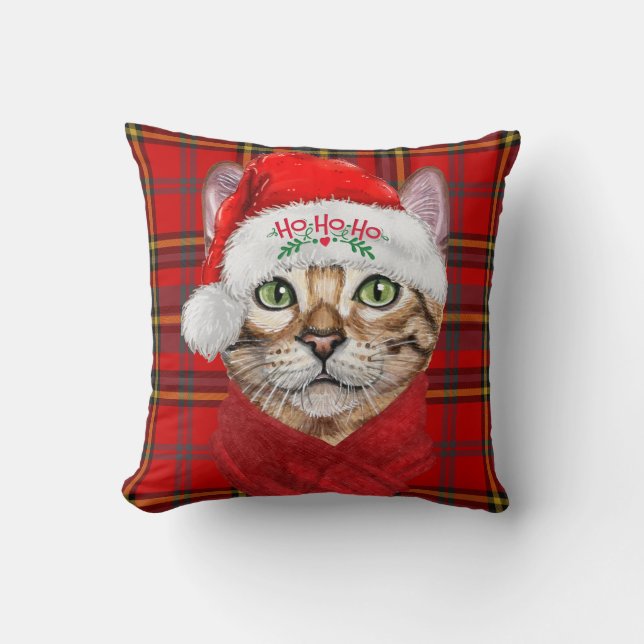 Coussin Abyssinian Noël Chat sur Red Plaid Holiday (Recto)
