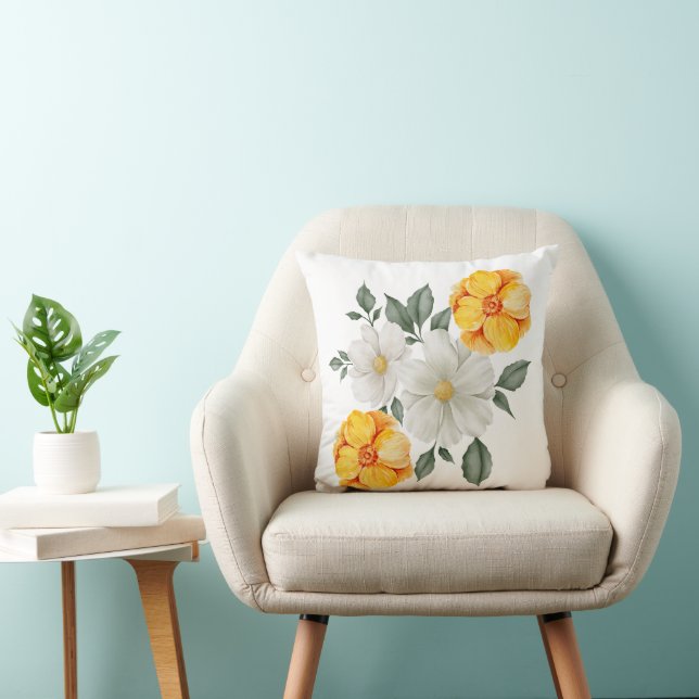 Coussin Accent floral jaune et blanc avec verdure (Chaise)