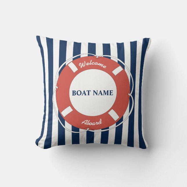 Coussin Accueil Bleu Nautique À Bord Du Nom Du Bateau (Recto)