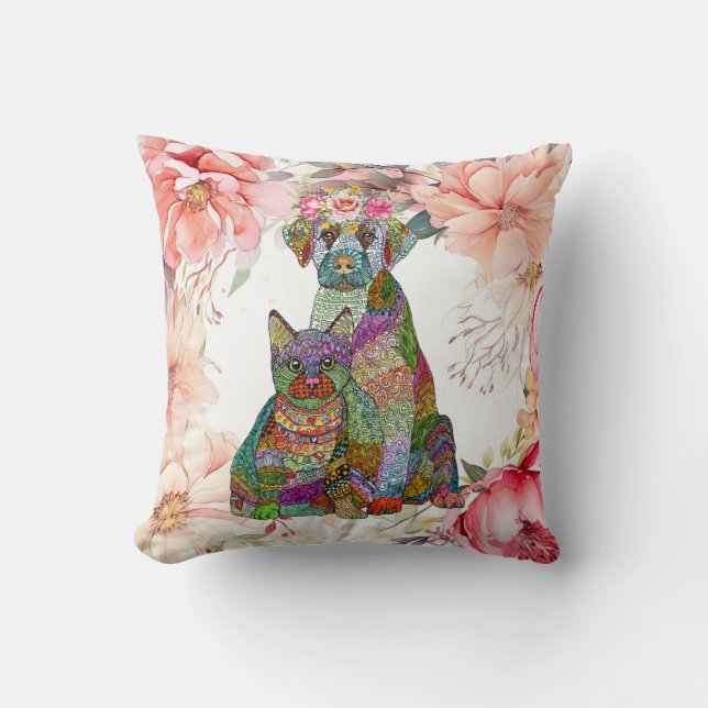 Coussin Adoption florale de chats et de chiens mignons et  (Recto)