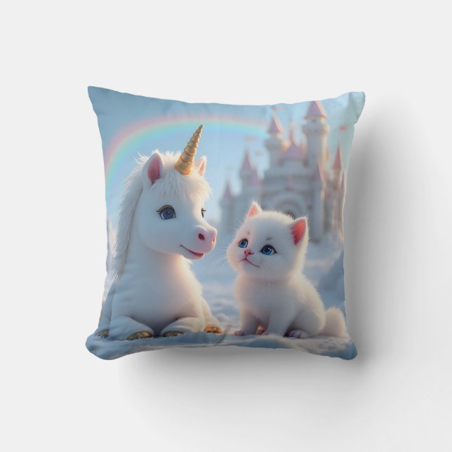 Coussin adorable chaton blanc et bébé licorne (Recto)