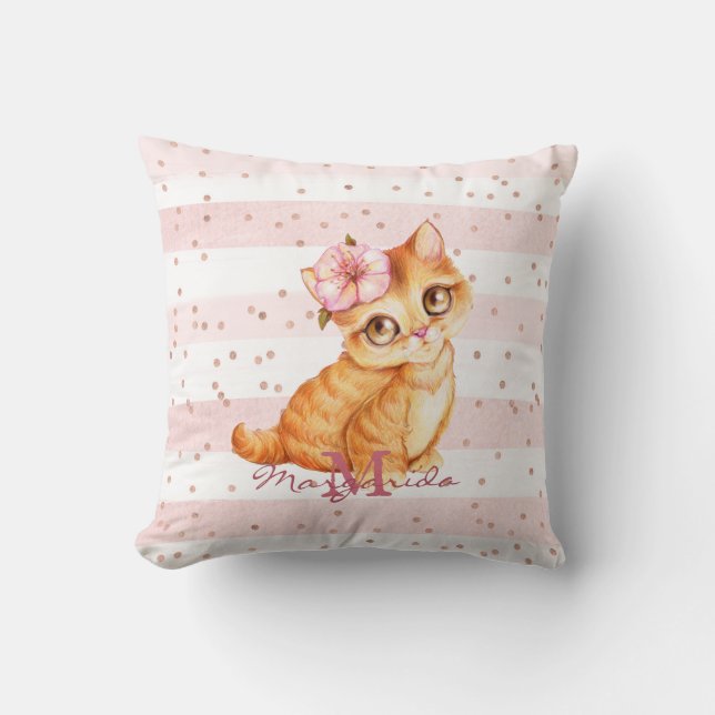 Coussin Adorable Orange Chat d'enfant Illustration Fille N (Recto)