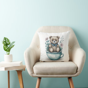Coussin Adorable ours en peluche en tasse avec fleurs