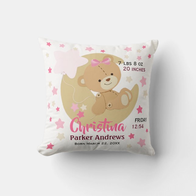 Coussin Adorable Teddy Bear Baby Girl Stats de naissance (Recto)
