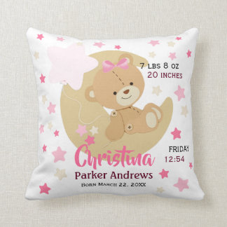 Coussin Adorable Teddy Bear Baby Girl Stats de naissance