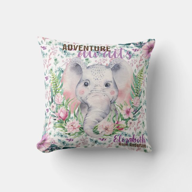 Coussin Adventure Await Baby Elephant Purple Floral Nommé (Recto)