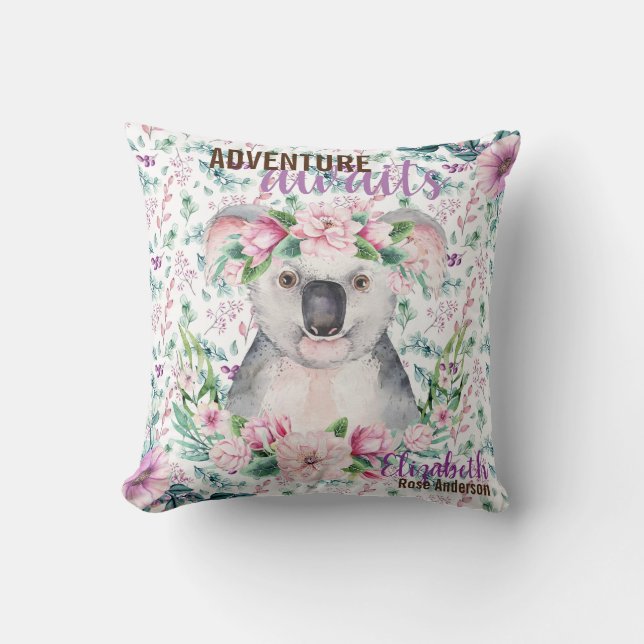 Coussin Adventure Await Baby KOALA BEAR Purple Floral (Recto)