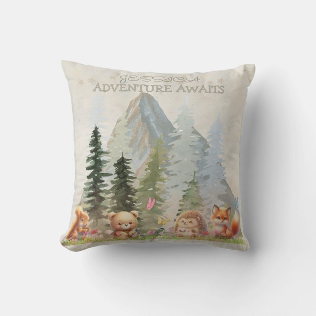 Coussin Adventure Awaits Personalized Rustic Forest Animal (Recto)