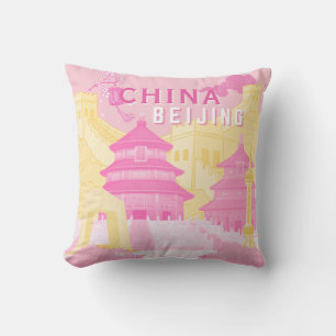 Coussin Affiche de voyage à Pékin Chine Art rose et jaun