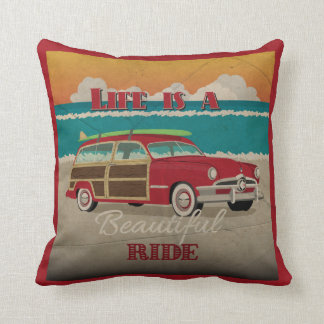 Coussin Affiche en bois vintage de plage de voiture