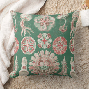 Coussin Affiche verte méduse rose Ernst Haeckel vie marine