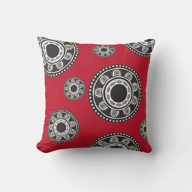Coussin Africain Ethnique Géométrique Blanc Noir Sur Rouge (Recto)