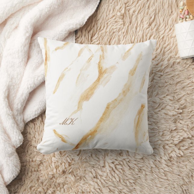 Coussin Agate Beige & Marbre blanc Nom personnalisé Lettre (Couverture)